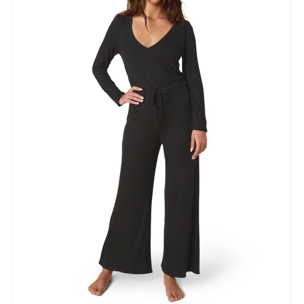 Beyond Yoga Luxeknit So Chic Jumpsuit Black Wide Leg Long Sleeve Loungewear-S
